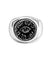 Silver ring with eye design on a white background