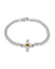 A silver chain bracelet with a textured cross charm featuring a small rectangular yellow gemstone, shown on a plain white background.