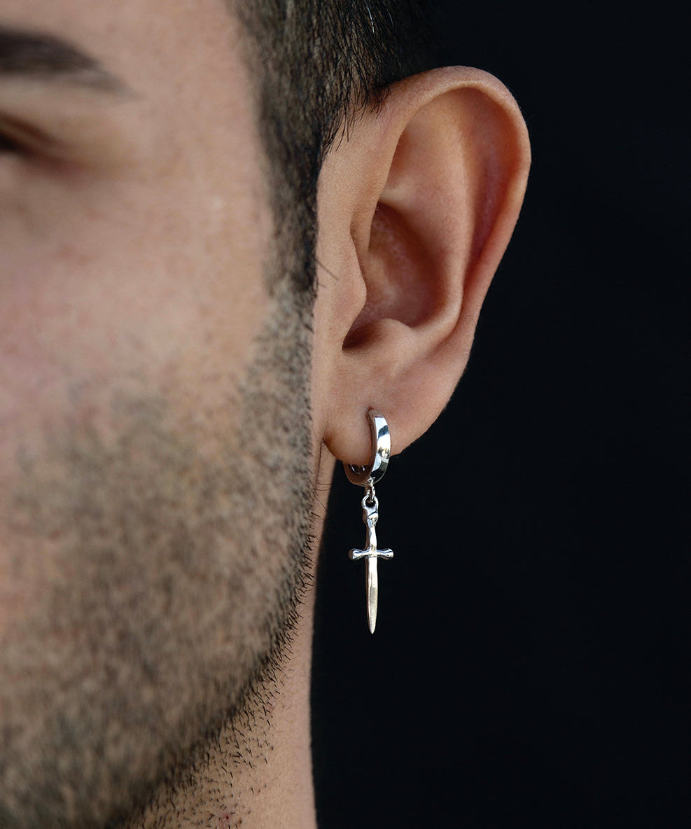 Tiny Dagger Hoop Earring - Sterling Silver Dagger Hoops