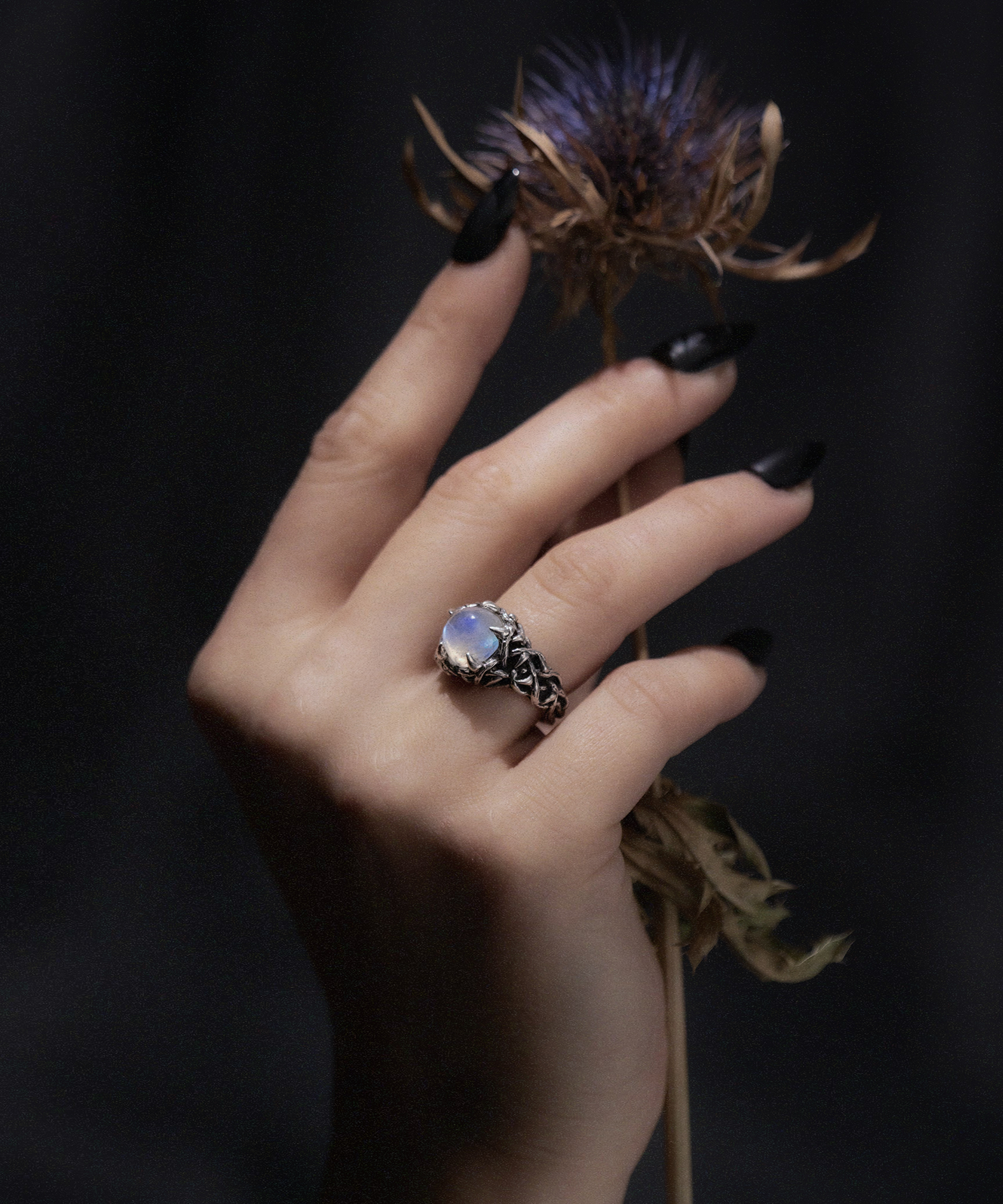 Moonstone Baby Thorn Ring - Sterling Silver Iridescent Thorn Ring
