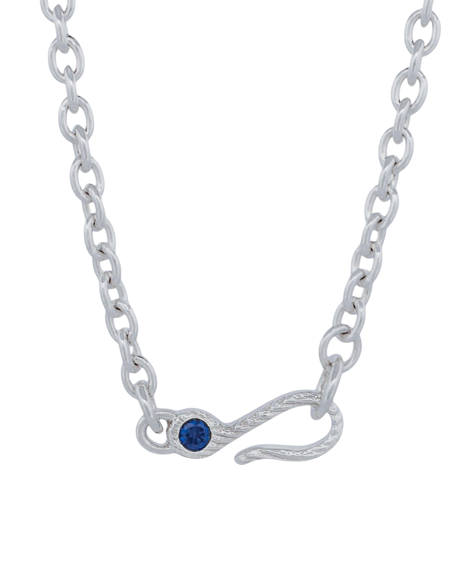 A silver chain necklace featuring a hook-shaped clasp adorned with a small round blue gemstone, shown against a plain white background.
