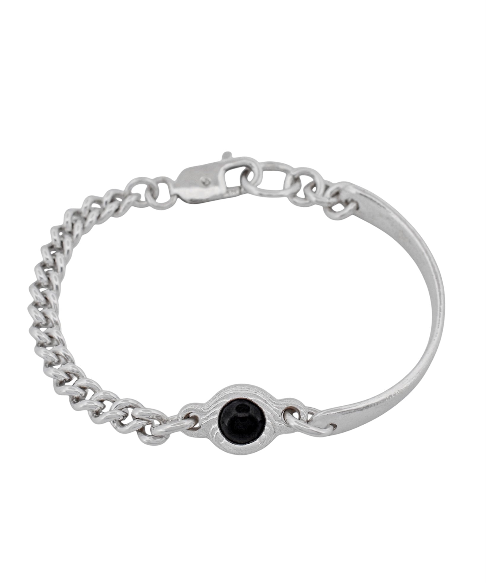 A silver-toned chain bracelet with a lobster clasp and a central round black gemstone bezel-set on a plain white background.