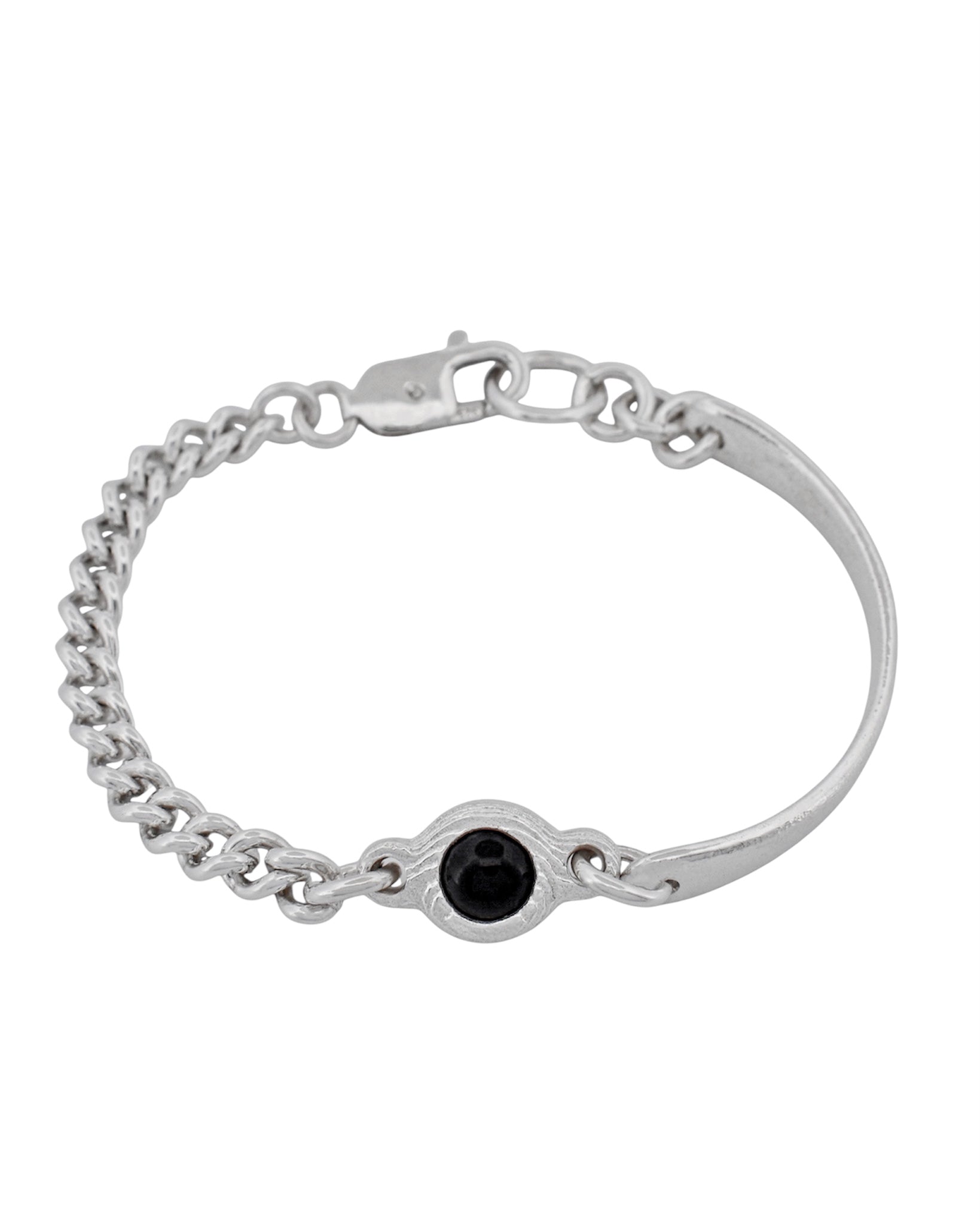 A silver-toned chain bracelet with a lobster clasp and a central round black gemstone bezel-set on a plain white background.