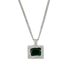 A silver-toned chain necklace with a square pendant featuring a textured silver border and a central dark green rectangular gemstone, shown against a plain white background.