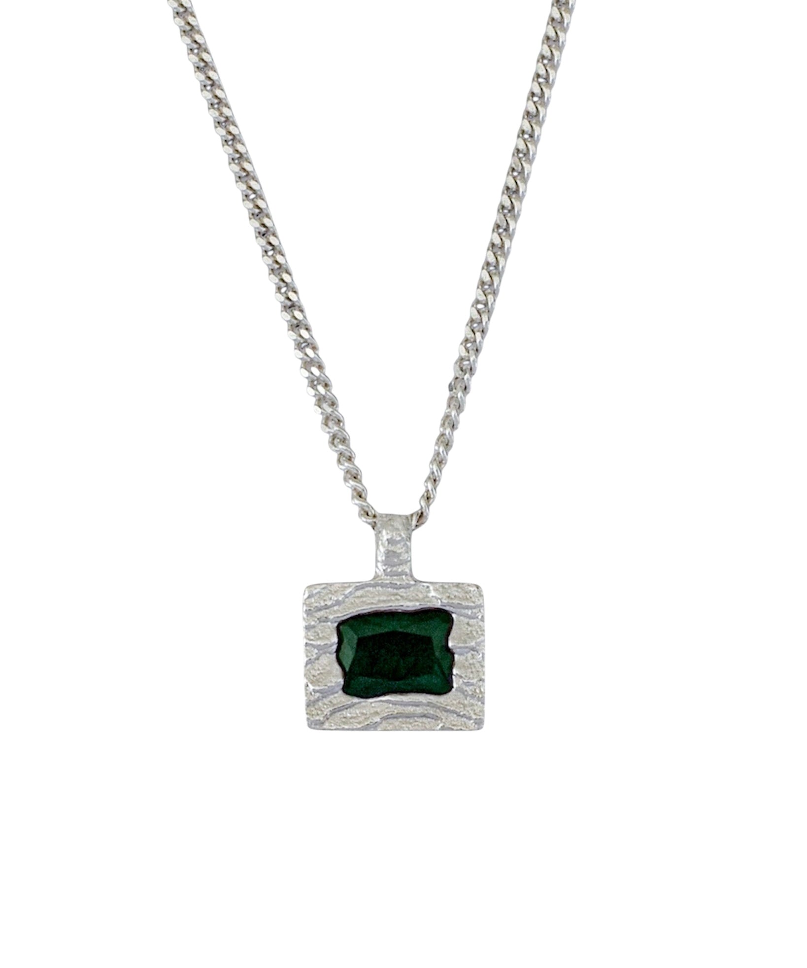A silver-toned chain necklace with a square pendant featuring a textured silver border and a central dark green rectangular gemstone, shown against a plain white background.