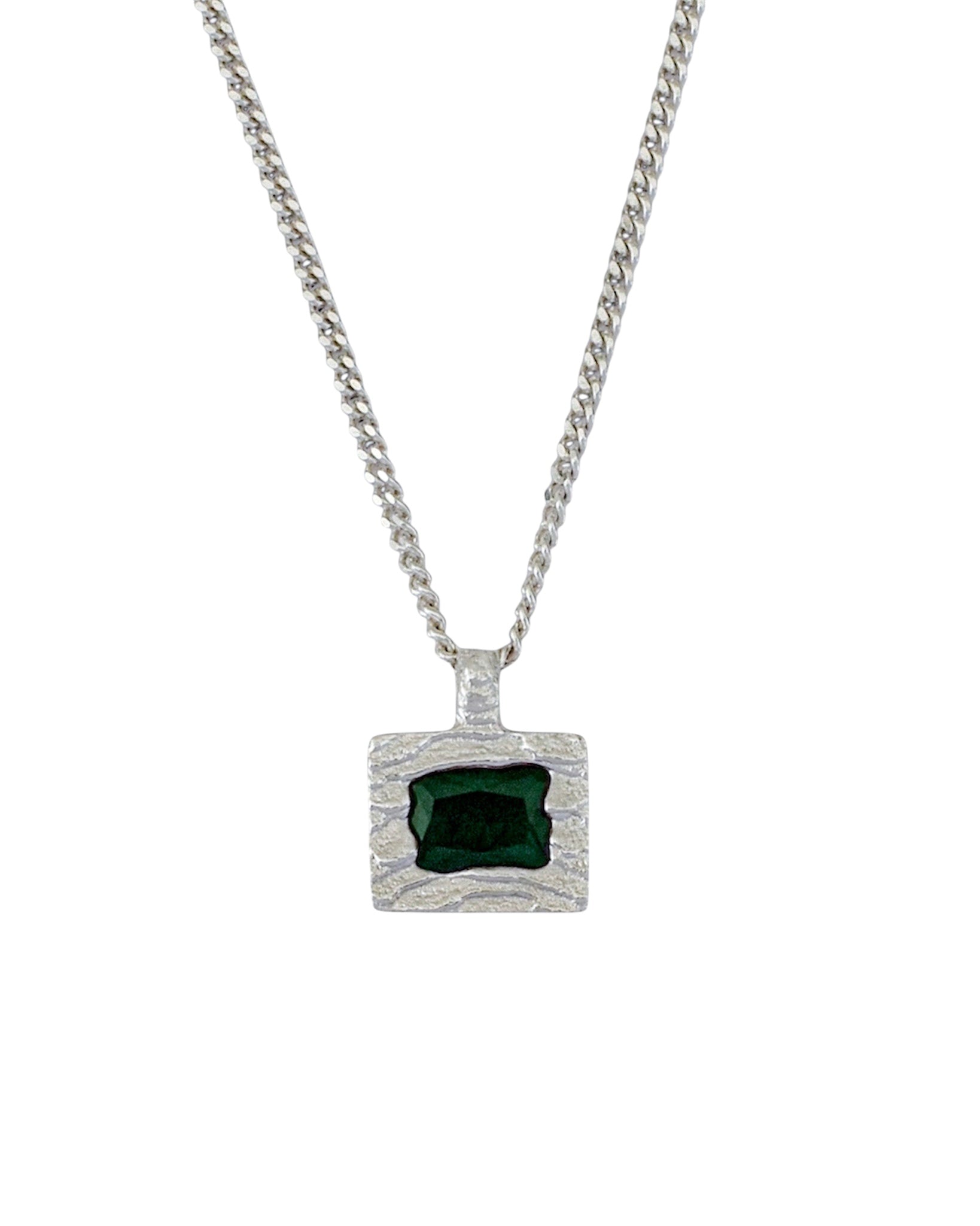 A silver-toned chain necklace with a square pendant featuring a textured silver border and a central dark green rectangular gemstone, shown against a plain white background.