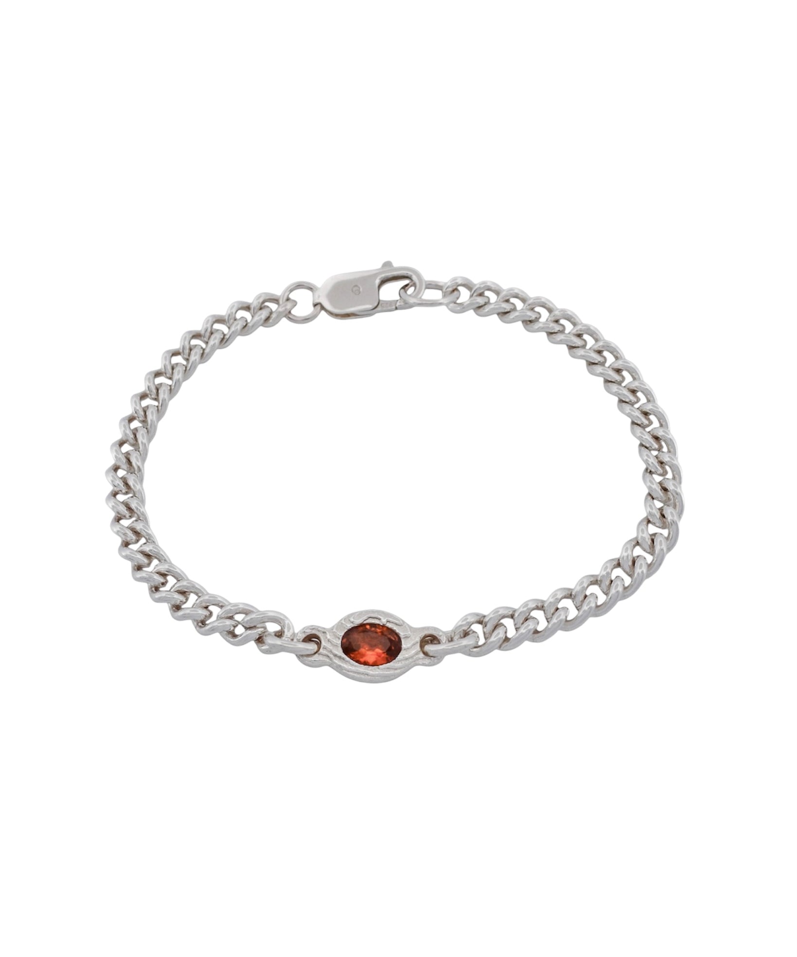 A silver chain bracelet with a small oval amber gemstone centerpiece, displayed on a clean white background.