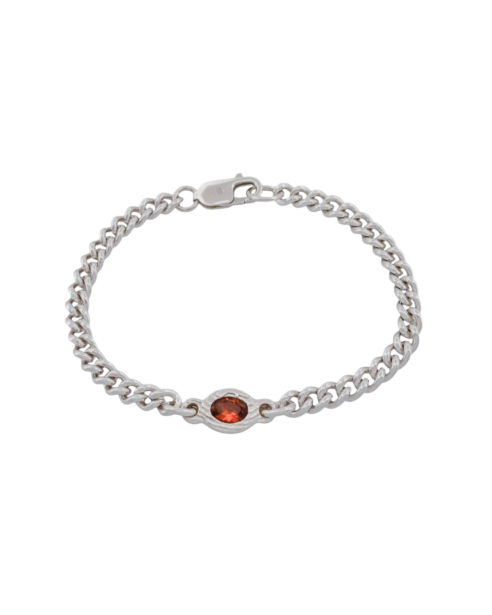 A silver chain bracelet with a small oval amber gemstone centerpiece, displayed on a clean white background.