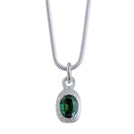 A silver snake chain necklace with a textured silver pendant holding an oval-cut dark green gemstone, shown against a plain white background.