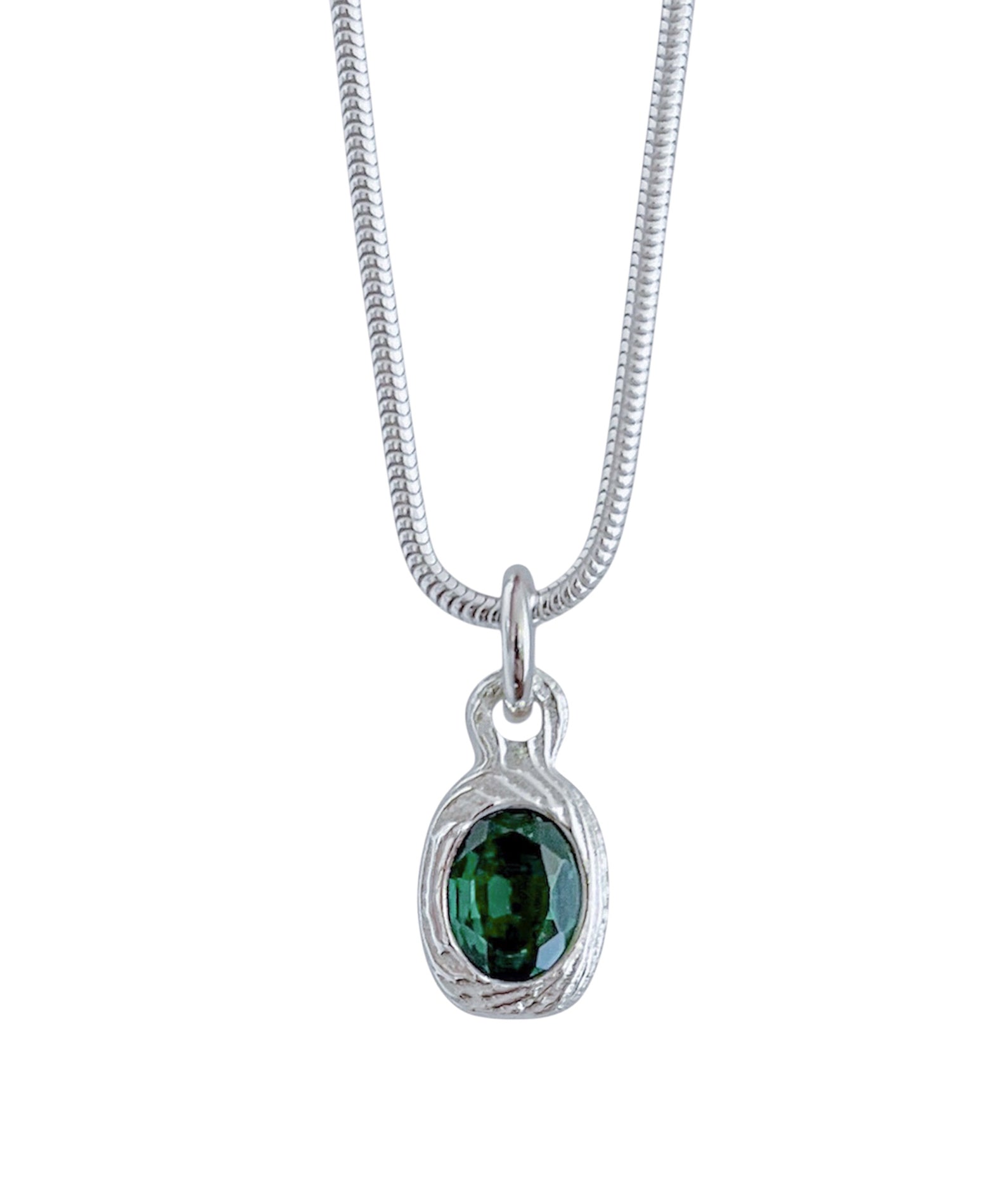 A silver snake chain necklace with a textured silver pendant holding an oval-cut dark green gemstone, shown against a plain white background.