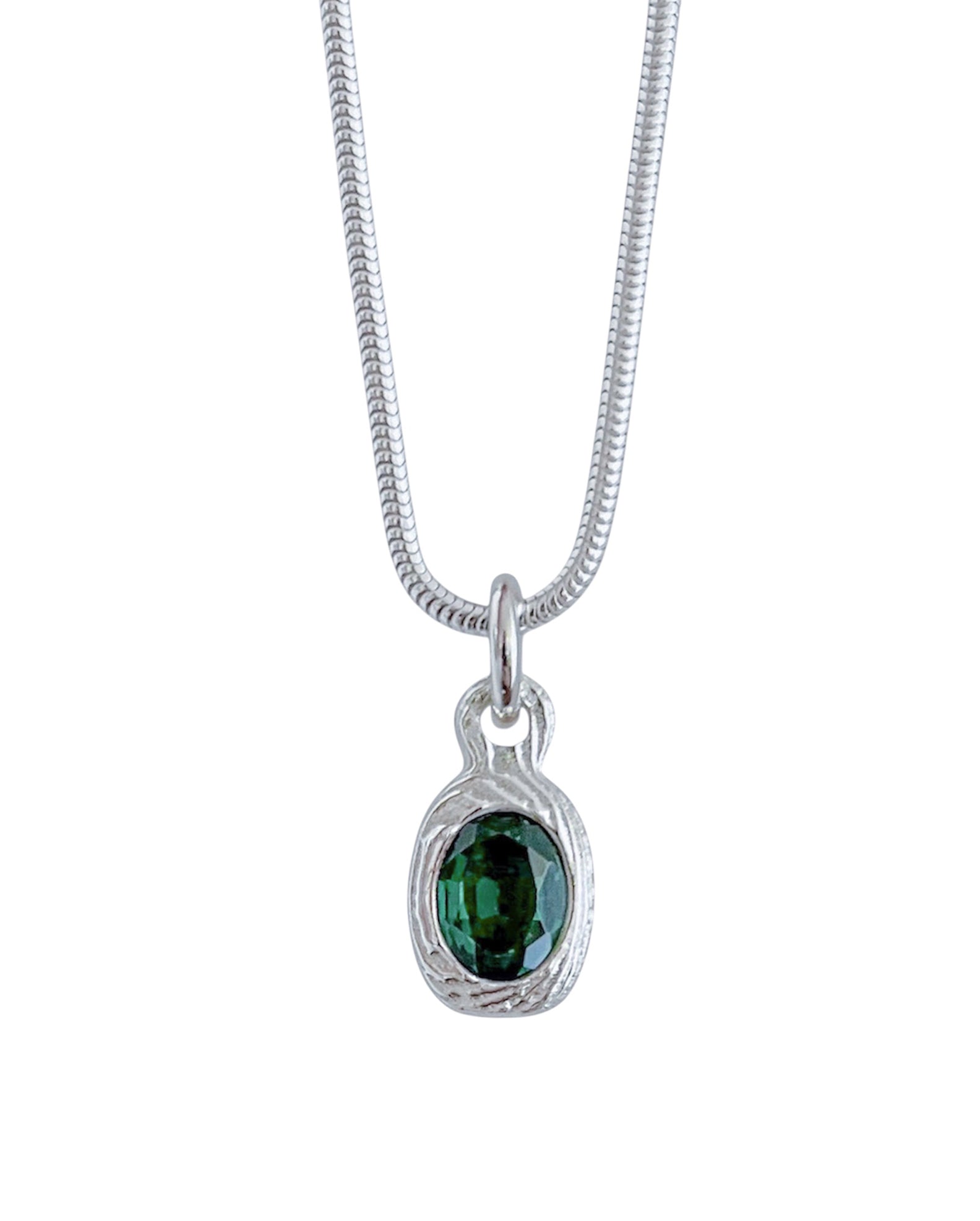A silver snake chain necklace with a textured silver pendant holding an oval-cut dark green gemstone, shown against a plain white background.