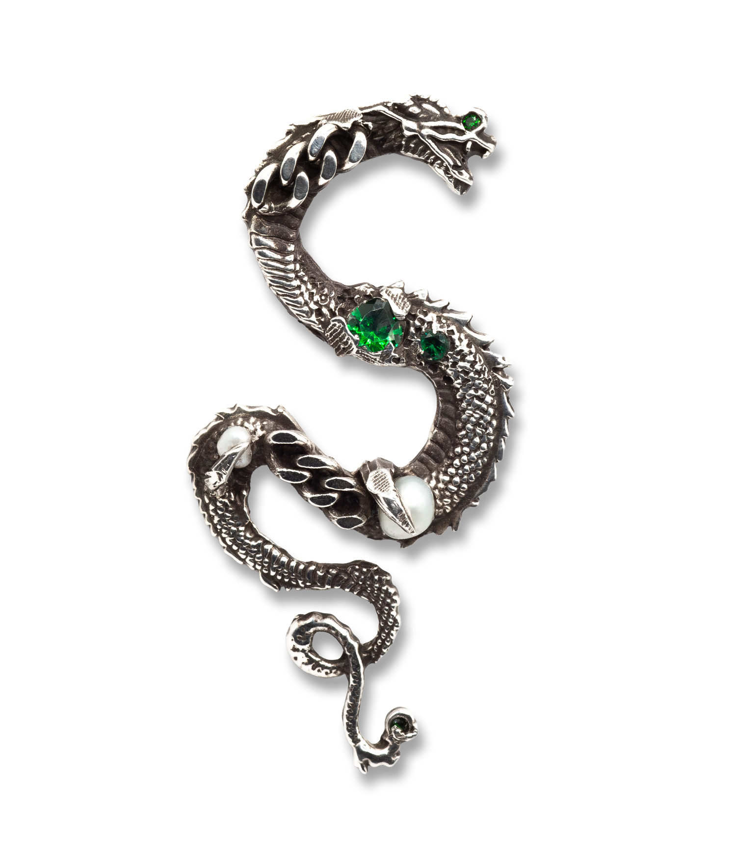 Silver dragon-shaped earring with green gemstones on a white background