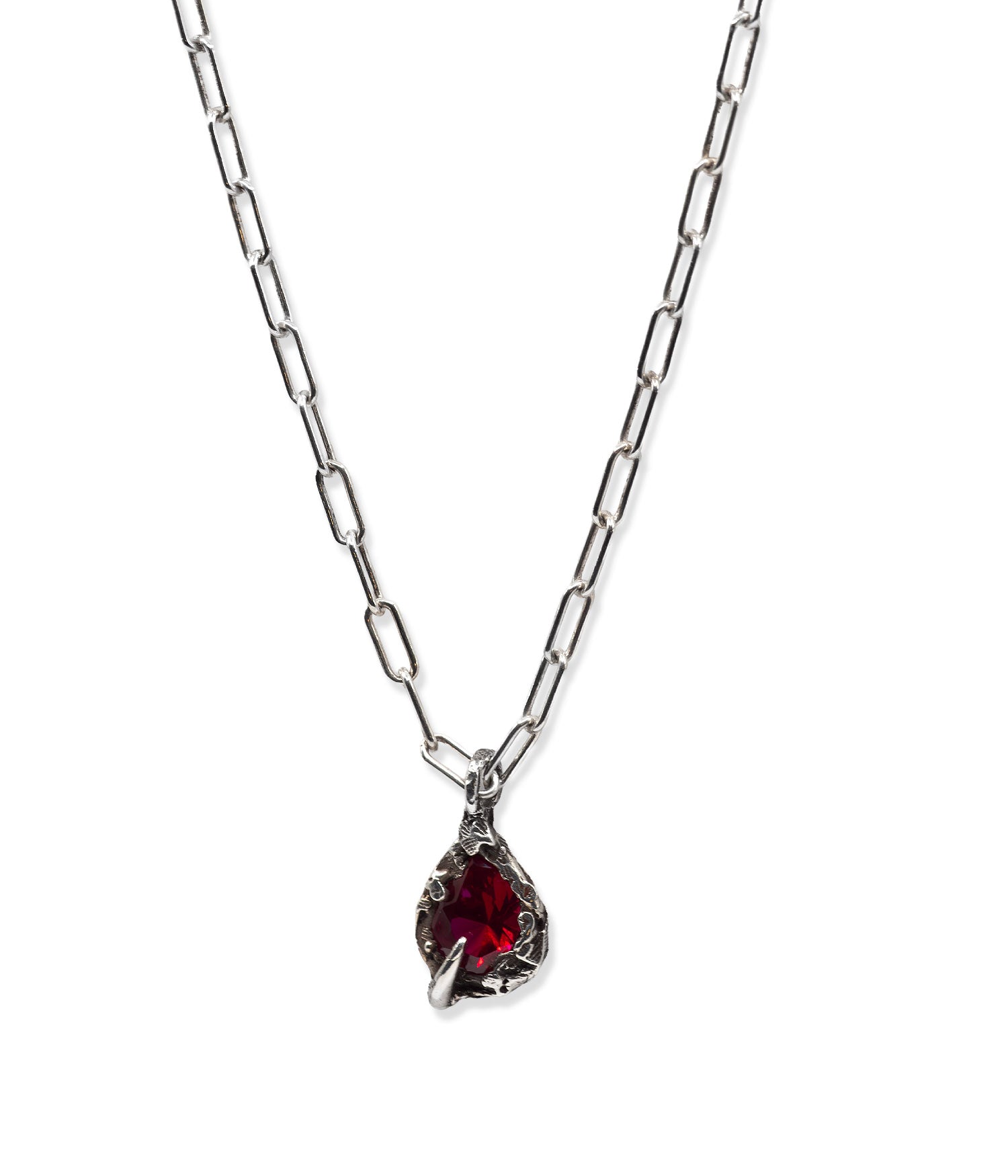 Necklace with a red gemstone pendant on a white background