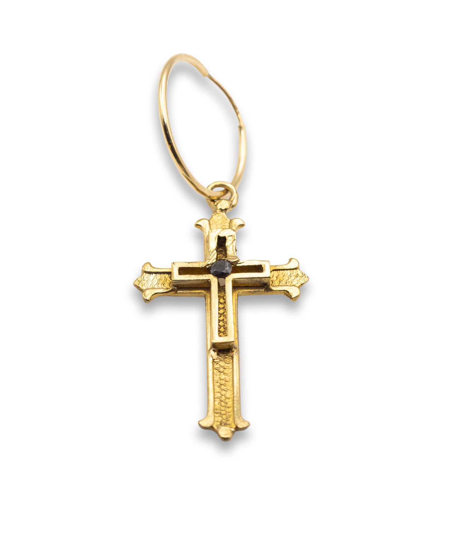 Gold cross earring on a white background