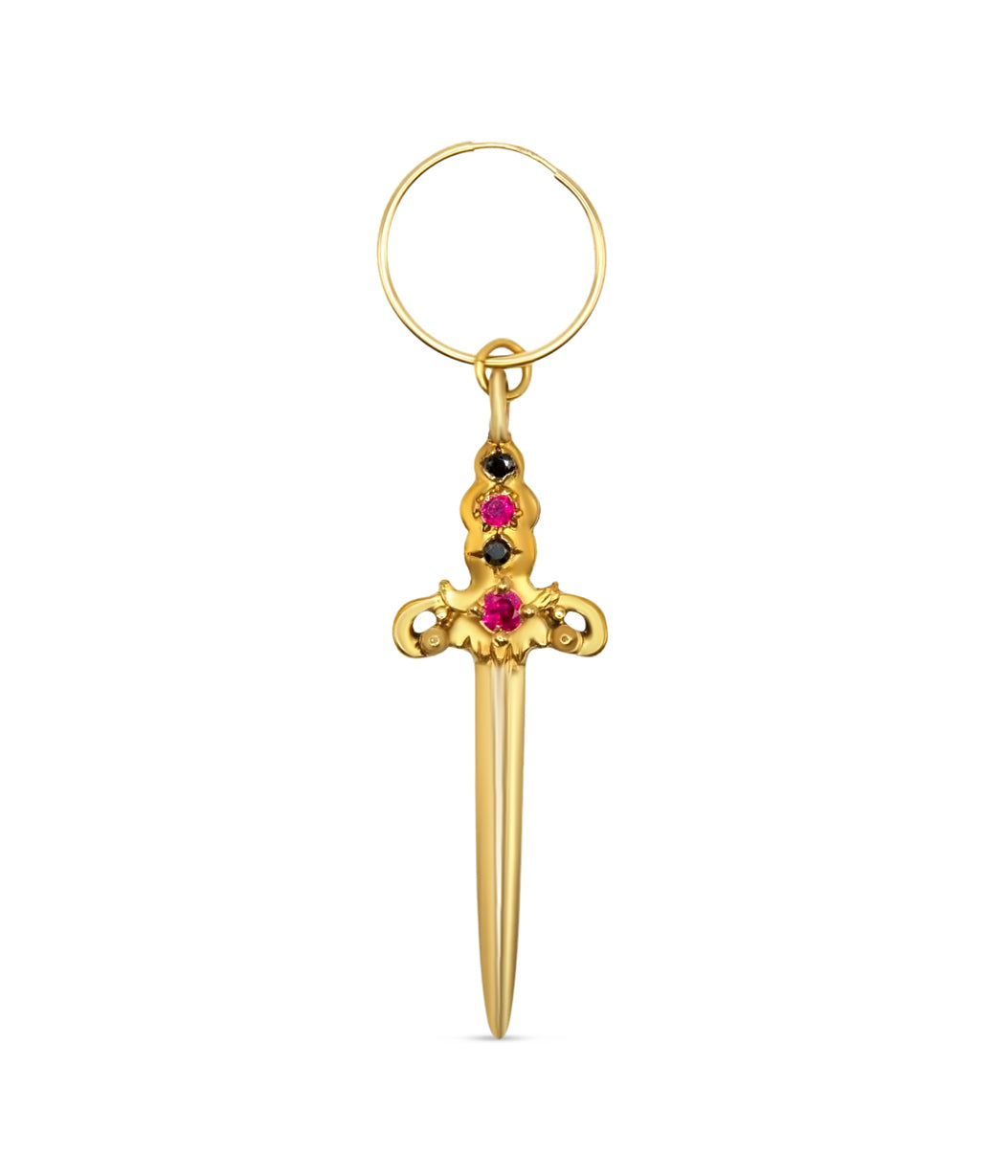 Gold sword-shaped keychain with gemstones on a white background