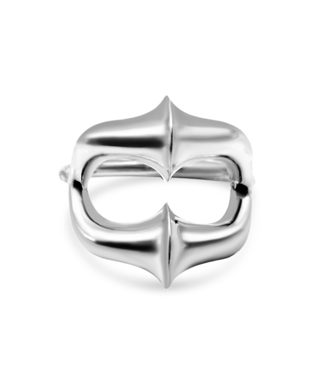 Silver ring with a unique design on a white background