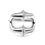 Silver ring with a unique design on a white background