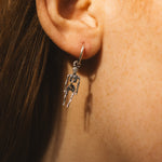 Close-up of an ear wearing a skeleton-themed earring.