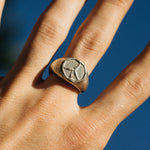 Hand wearing a silver ring with a star design against a blue background