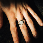 Hand wearing a ring on a dark background