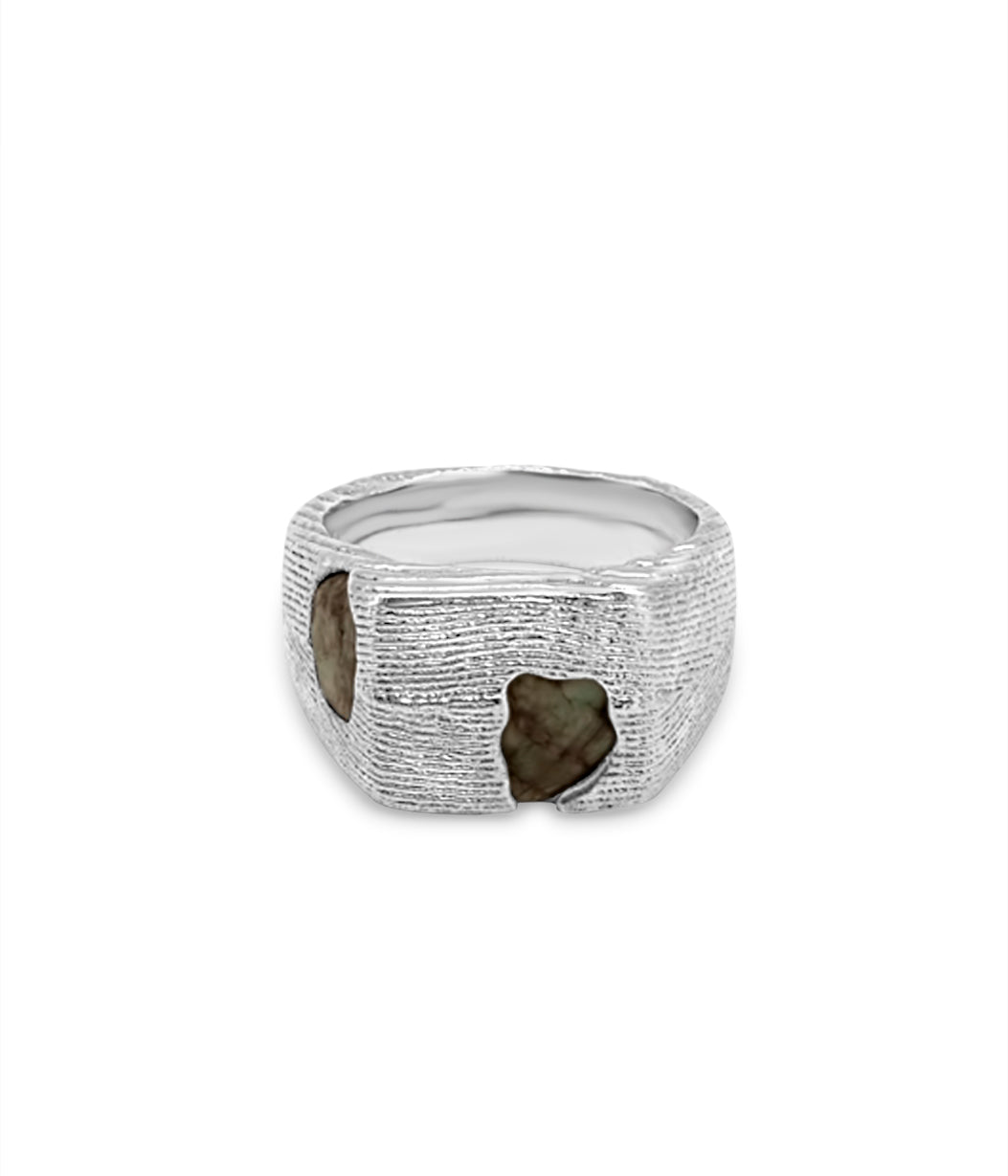 Silver ring with embedded stones on a white background