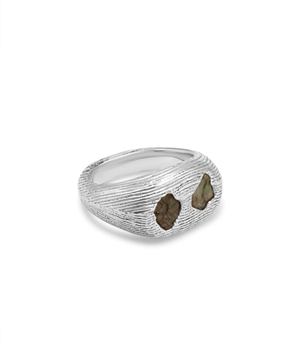 Silver ring with embedded stones on a white background