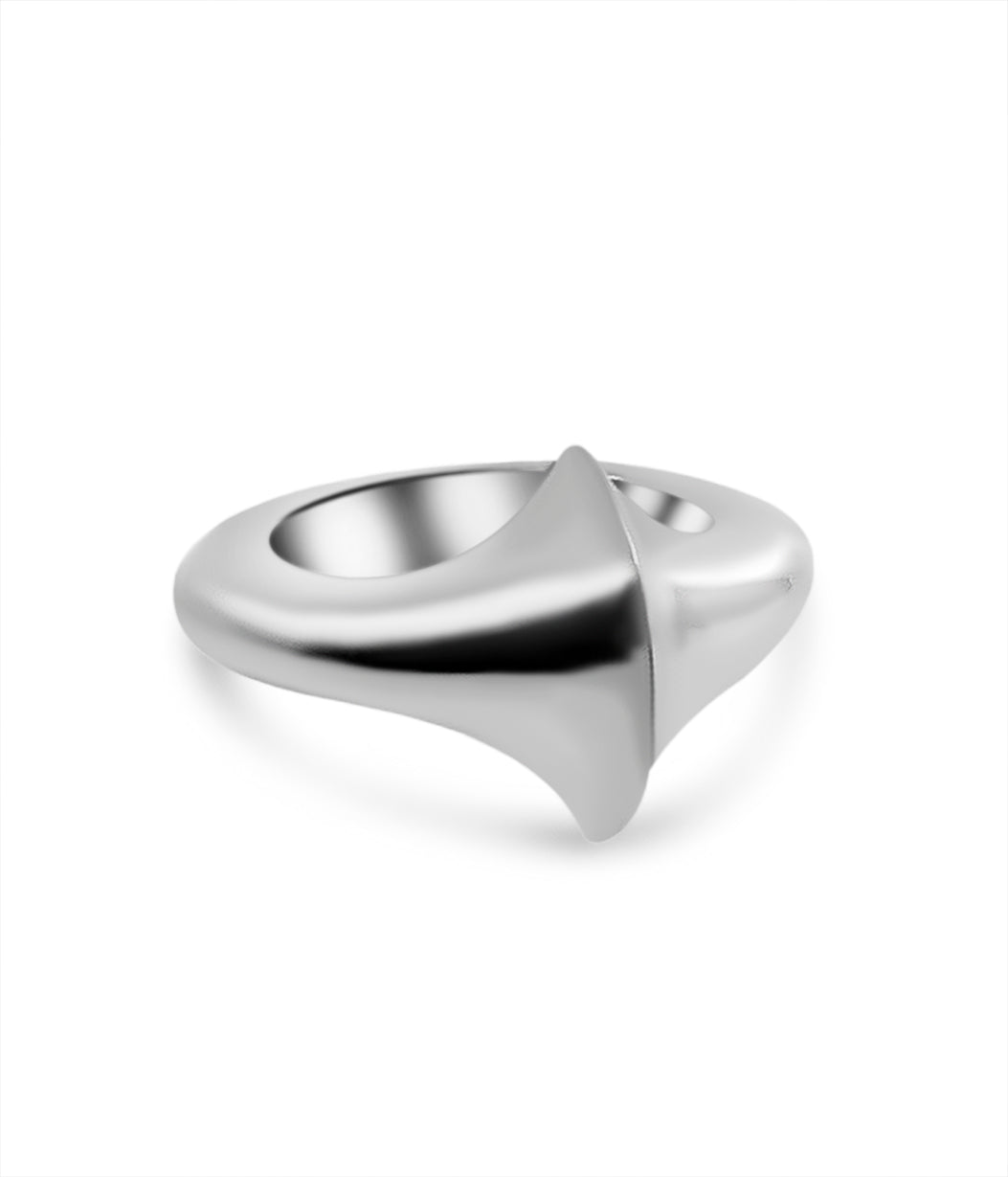 Silver ring with a unique design on a white background
