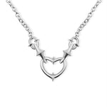 Silver necklace with heart and arrow design on a white background