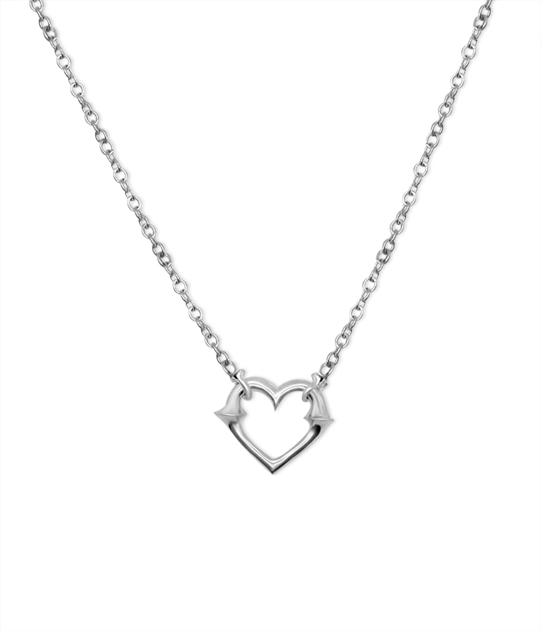 Silver necklace with a heart-shaped pendant on a white background