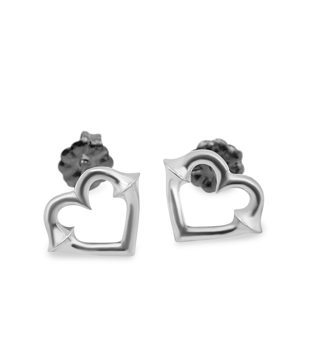 Heart-shaped earrings with black gemstones on a white background