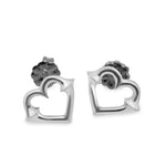 Heart-shaped earrings with black gemstones on a white background