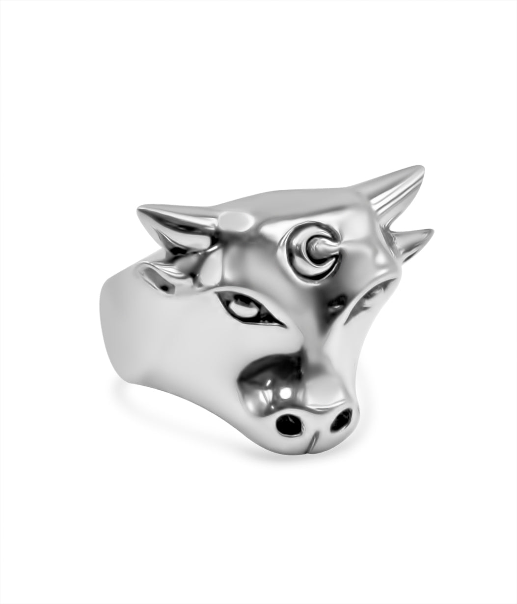 Silver bull head charm on a white background