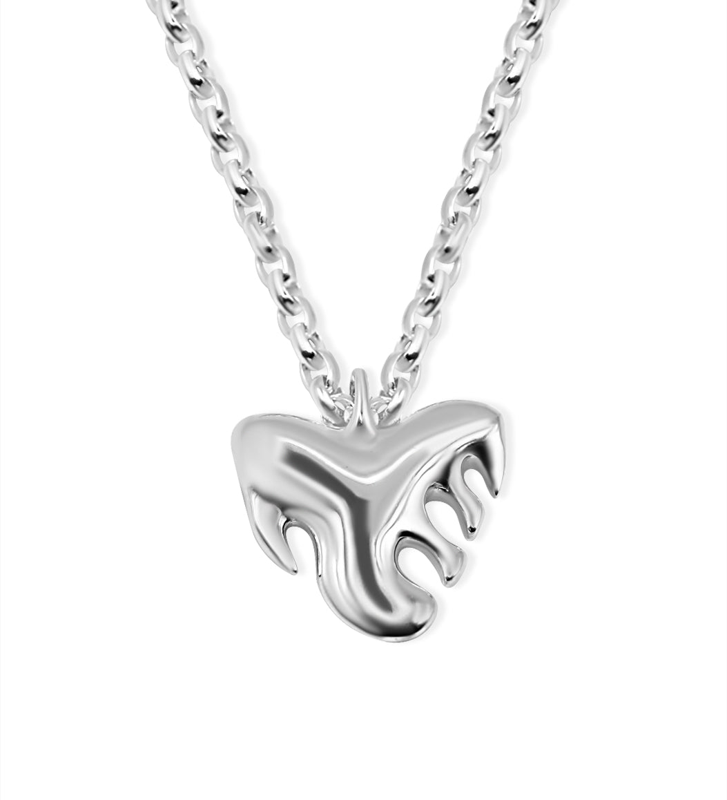 Silver necklace with a unique pendant on a white background