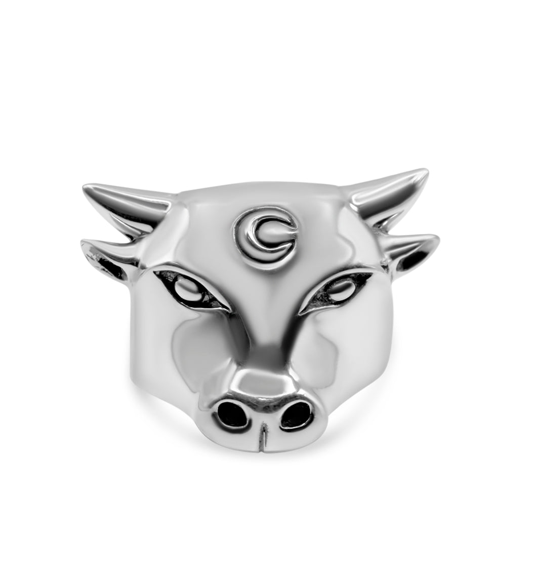 Silver bull head charm on a white background
