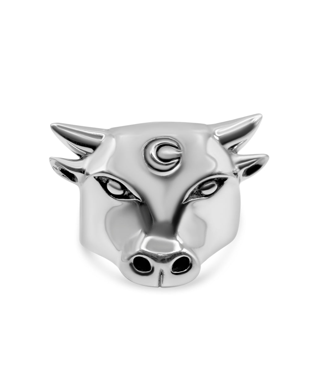 Silver bull head charm on a white background