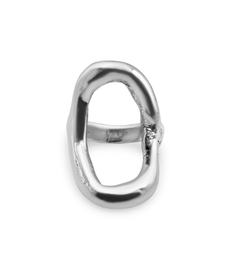 Silver ring with a unique design on a white background