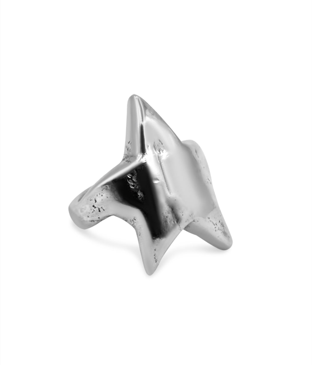 Silver star-shaped ring on a white background