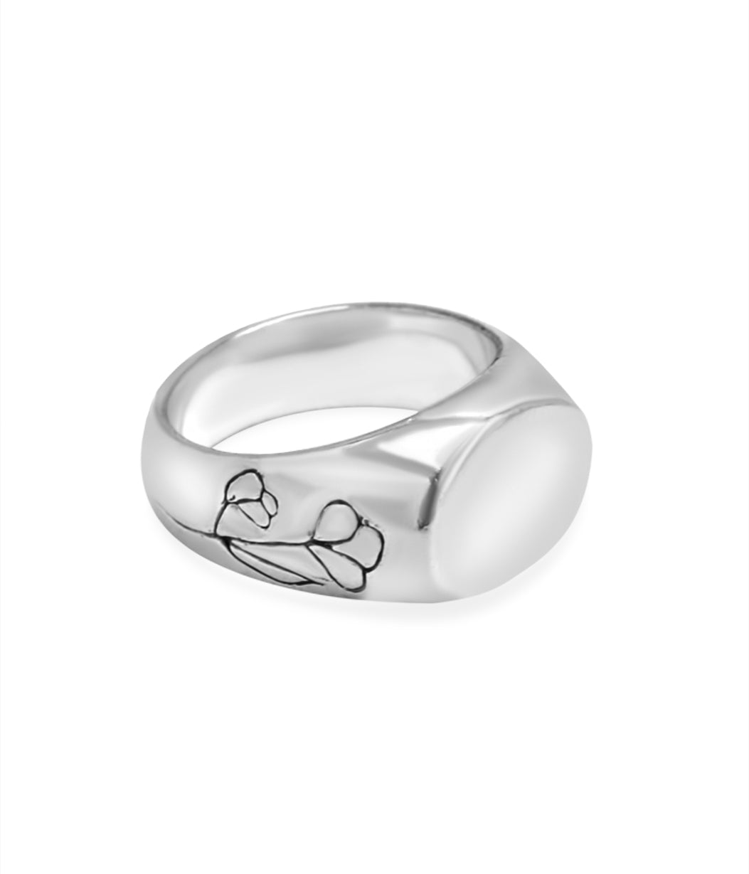 Silver ring with a design on a white background