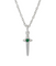 A silver pendant necklace featuring a miniature dagger or sword charm with a small, heart-shaped green gemstone at the center of the crossguard, suspended from a silver link chain against a plain white background.