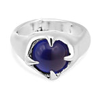 Silver ring with a blue gemstone on a white background