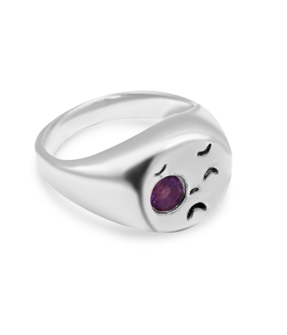 Silver ring with a purple gemstone on a white background