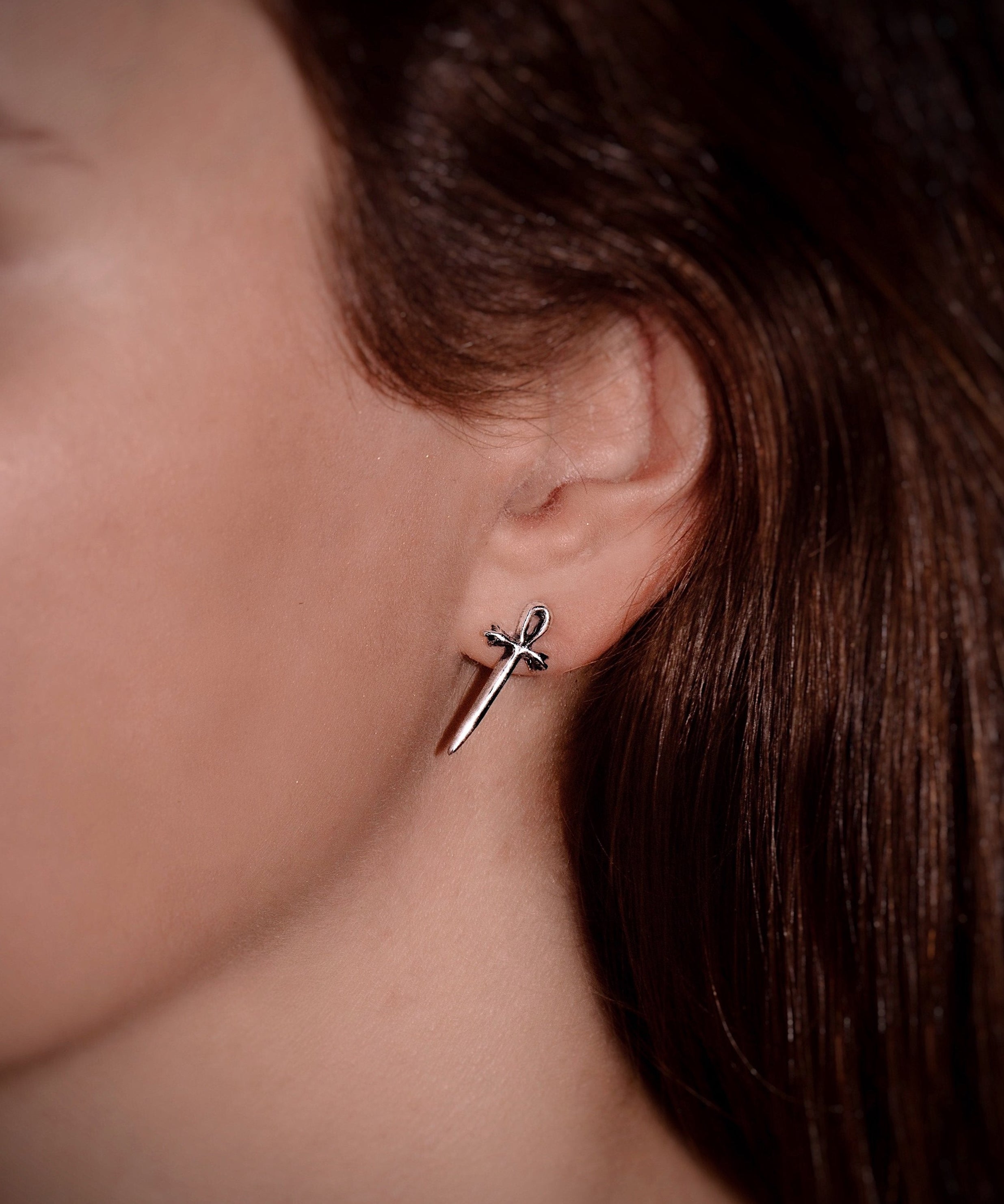 Little Ankh Dagger Stud Earrings - Sterling Silver Egyptian Cross Dagger Studs