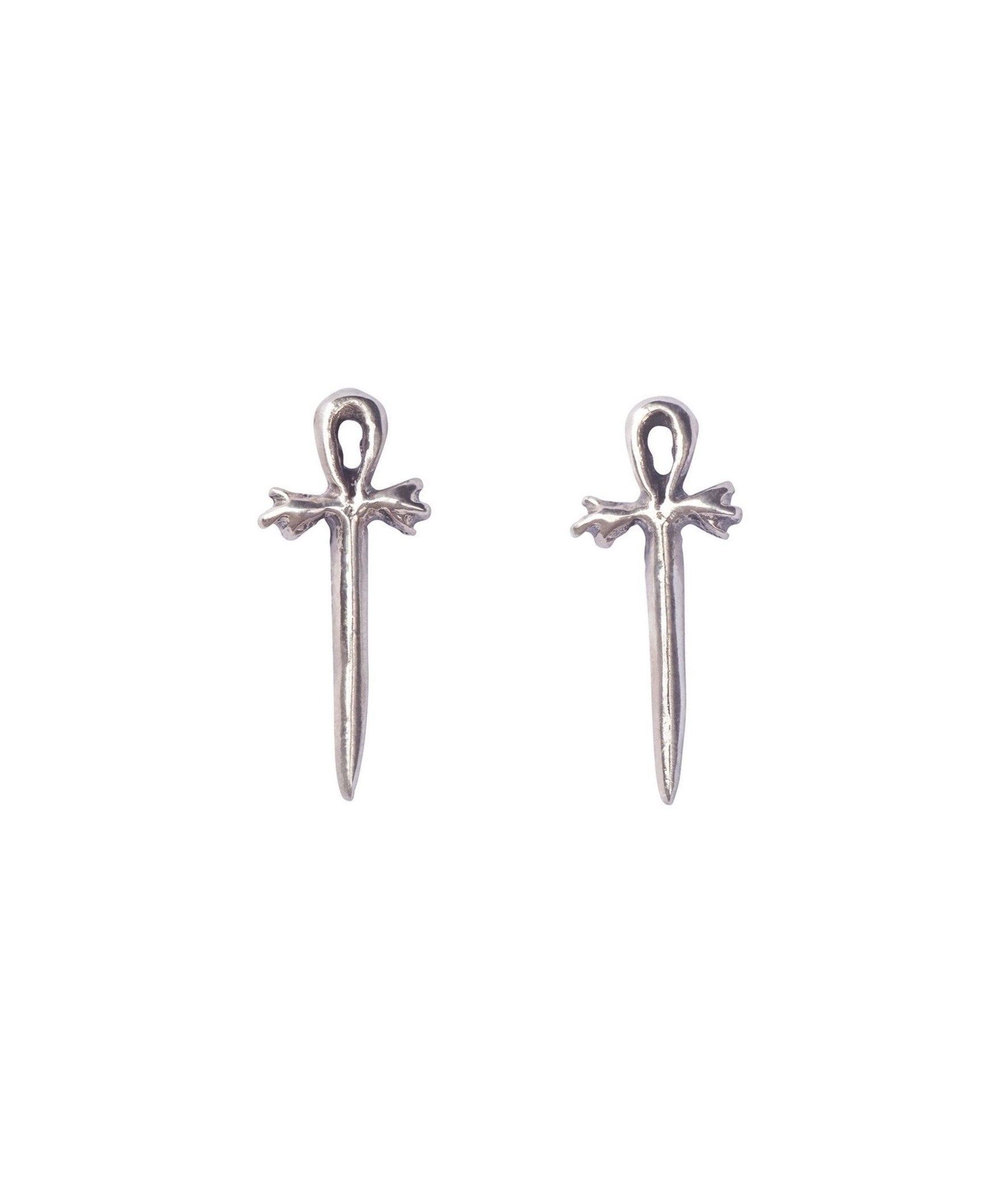 Little Ankh Dagger Stud Earrings - Sterling Silver Egyptian Cross Dagger Studs