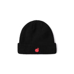 Black beanie with a rolled cuff and a red apple logo embroidery on the front.