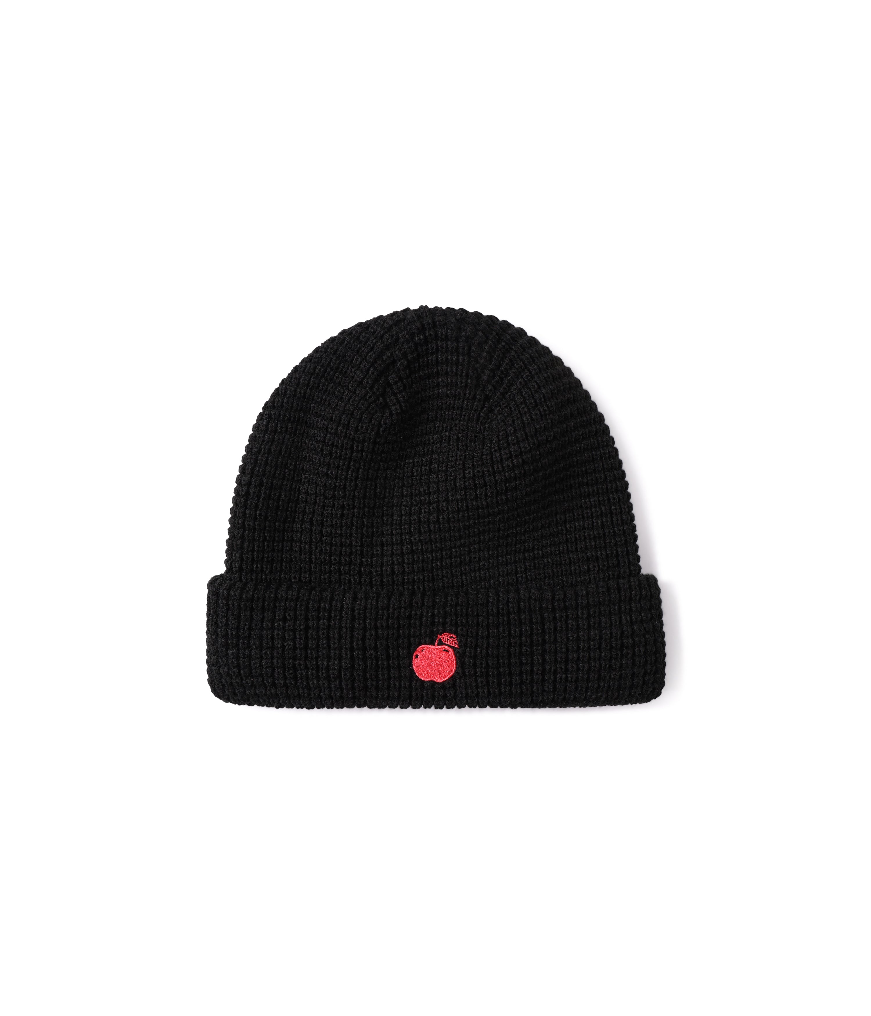 Black beanie with a rolled cuff and a red apple logo embroidery on the front.