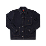 Dark denim jacket with brand logo on a white background