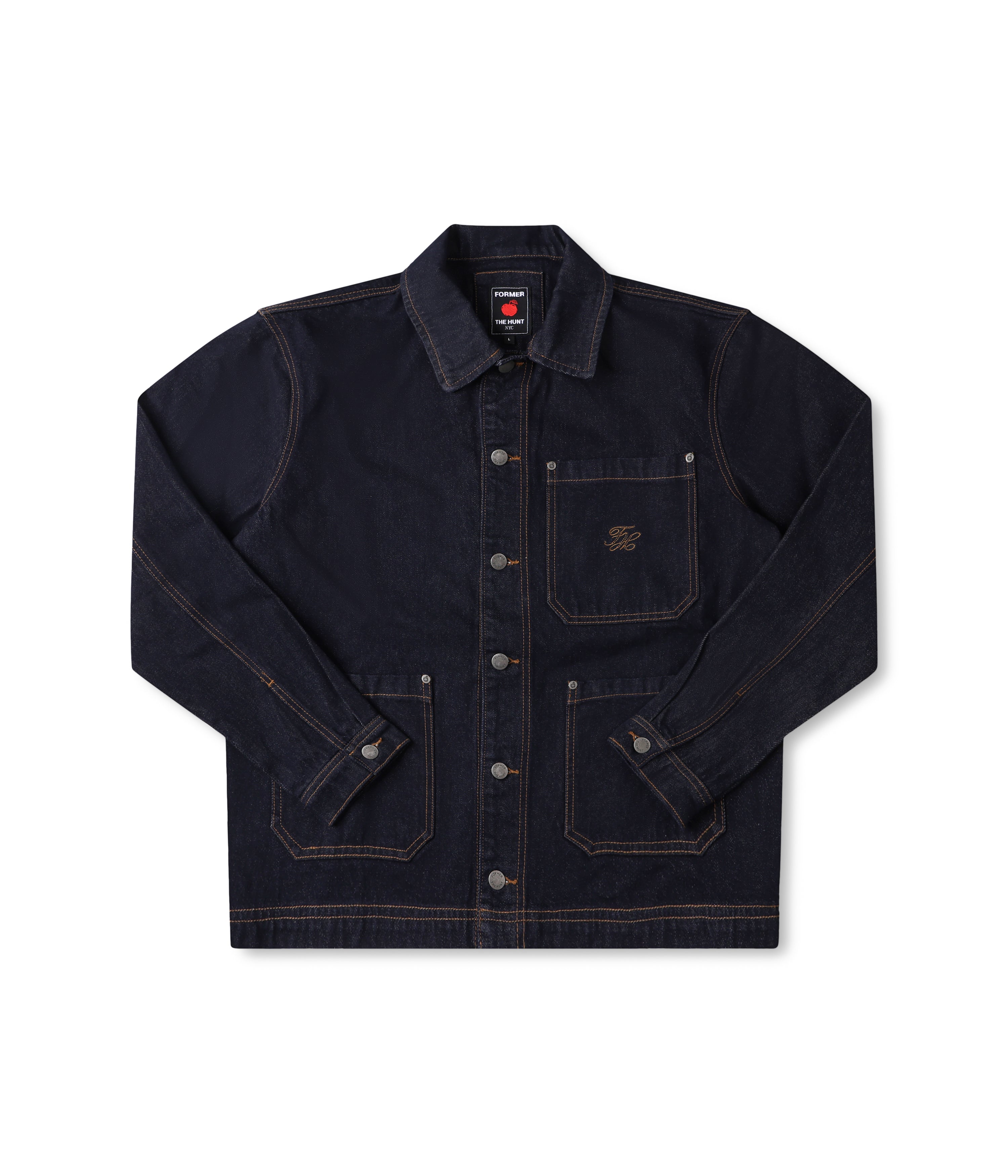 Dark denim jacket with brand logo on a white background