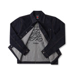 Black denim jacket over a gray t-shirt with text on a white background