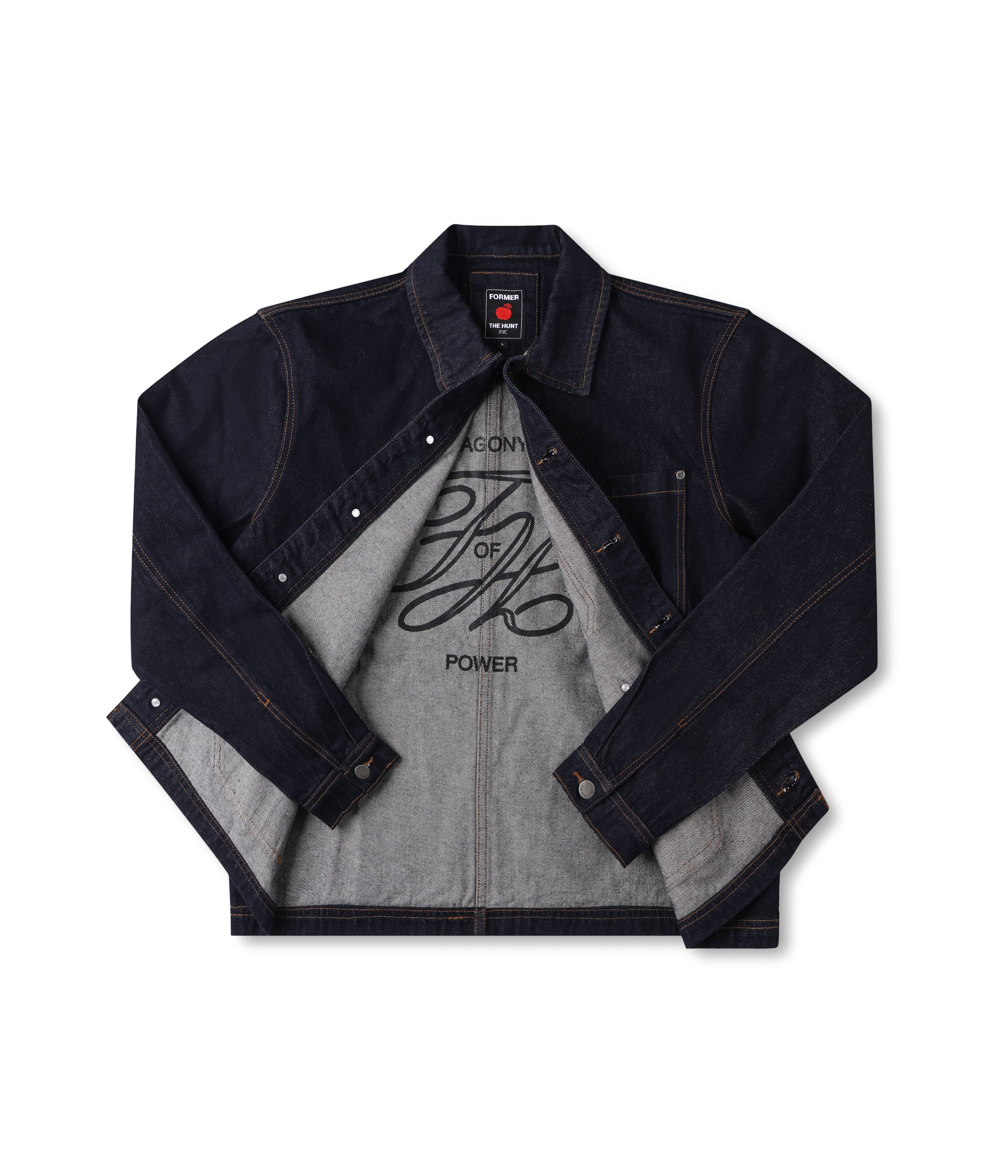 Black denim jacket over a gray t-shirt with text on a white background