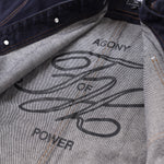 Gray jacket with 'Agony of Power' design and visible brand logo.